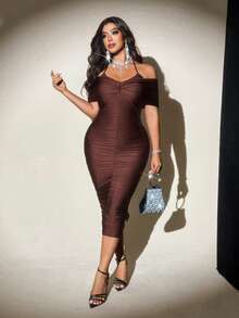 Viva Relle Robe moulante élégante pour femmes grandes tailles avec épaules dénudées, froncée et col noué - Marron fonçé - Voir 7