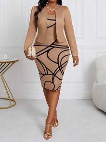 SHEIN Lady Spring, Summer, Autumn And Winter Knitted Brown Puff Sleeve Open Cardigan Short Top With Slim Waist And Geometric Pattern Classic Print Straight Dress Plus Size Two Pieces Set  Dresses For Women Elegant Wedding Guest Dress Women  Fall Clothes For Women Casual Halloween 2 Piece Dress Set Plus Size Dress Bodycon Dress Work Dress Dress With Jacket Autumn Fall Clothes For Women Winter Fall Outfits For Women