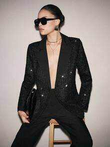SHEIN ChicEase 女士优雅亮片装饰西装外套，适合节日派对、约会及其他场合，秋冬季穿着 - 黑色 - 查看 3