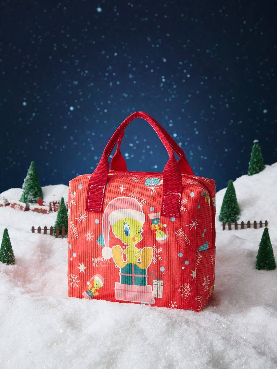 LOONEY TUNES X SHEIN Túi đựng cơm trưa bằng vải nhung kẻ nhiều màu, túi đựng cơm trưa phong cách học sinh, phù hợp cho nhân viên văn phòng và học sinh - Hoạt hình - Xem 1