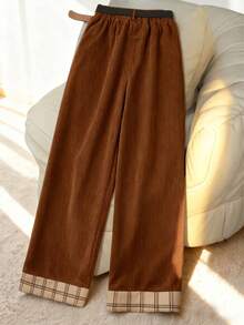 Franclia Plus Size Autumn Brown Corduroy Pants,Chocolate Brown,Smart Casual,Everyday Pants With Waist Belt Patchwork Pockets Earthy Lounge Autumn/Winter Fall - Brown - View 2