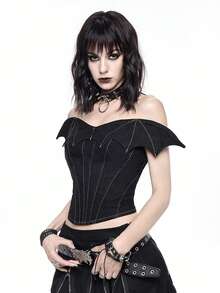 ROMWE Gothic Bat Asymmetric Collar Topstitch Design Stretchy Fitted Denim Top - Black - View 4