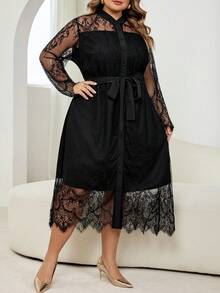 SHEIN CURVE+ 秋冬季优雅职场黑色针织蕾丝立领喇叭形撞色蕾丝长袖大码连衣裙 - 黑色 - 查看 5