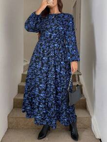 SHEIN LUNE Đầm thường ngày cổ tròn tay đèn lồng in họa tiết hoa toàn thân cho nữ cỡ lớn - màu đen - Xem 3