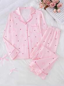 2pcs/Set Girly Pink Cardigan With Heart-Shaped Bow Print, Faux Collar, Long-Sleeved Top And Trousers Pajama Set, Suitable For All Seasons. Pink Pajama Set,Teen Girl Clothes - Multicolor - View 3