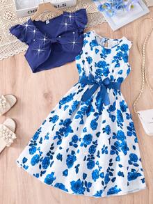 SHEIN 2pcs/Set Tween Girl Elegant Cap Sleeve Beaded Top And Floral ...