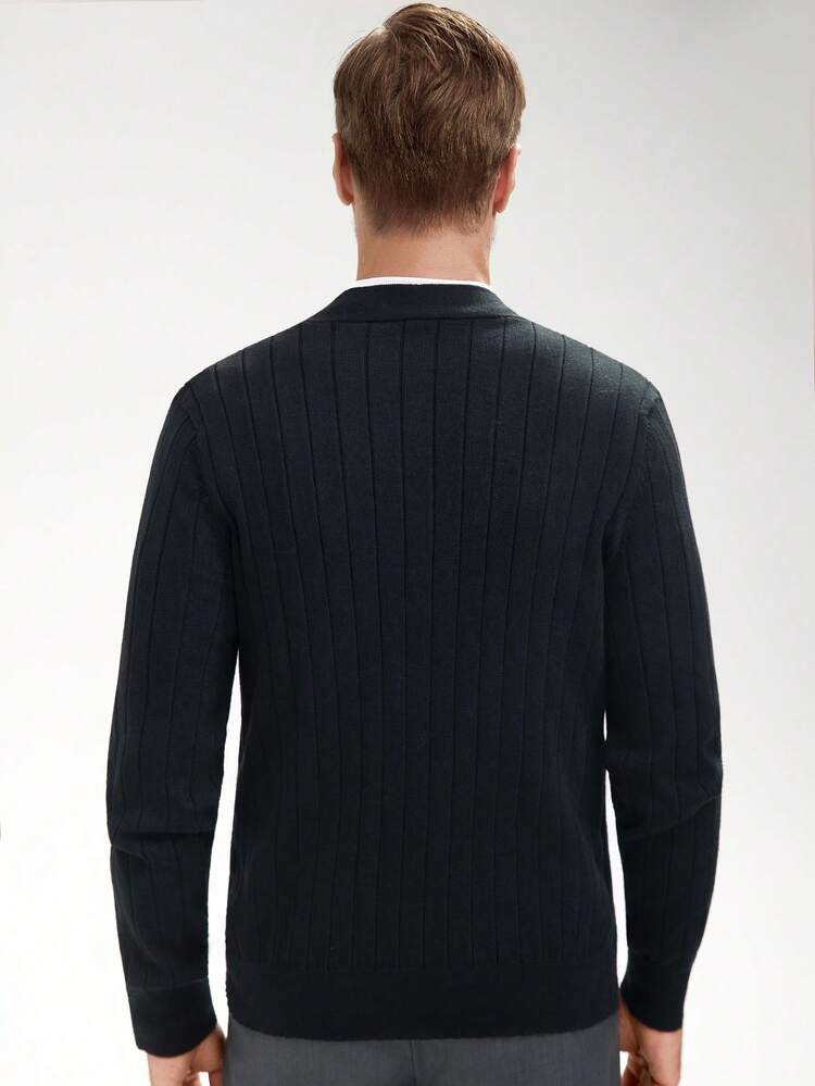 Manfinity Mode 男士纯色简约休闲开衫，秋冬款，长袖上衣 - 黑色 - 查看 2