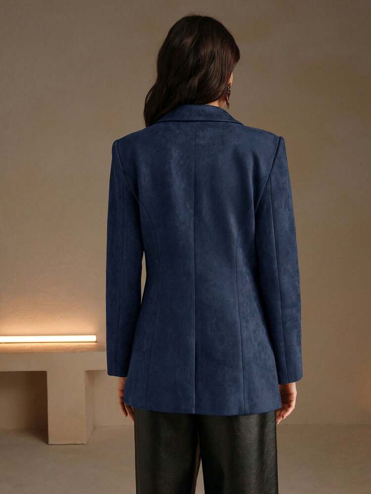 Anewsta 绒面革长袖优雅多口袋西装外套 - 藏蓝色 - 查看 2