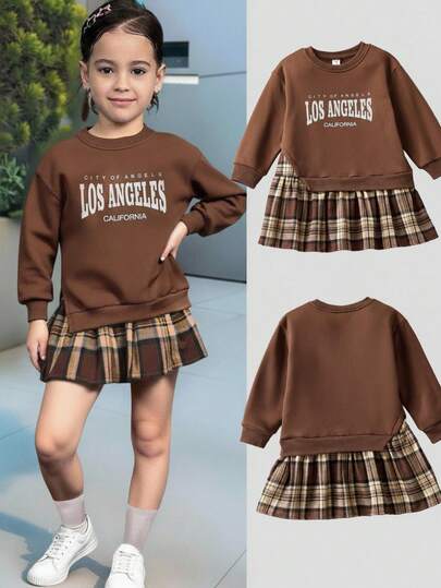 Firerie Kids Firerie Kids 年轻女孩卡其色运动衫拼布格子裙运动衫连衣裙，复古时尚百搭休闲日常穿着