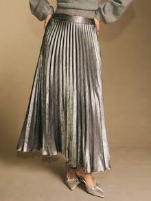 Poéselle Damen plissierter einfarbiger minimalistischer Lässig Rock - Silber - Übersicht 3