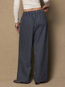 SHEIN VCAY Plus Size Striped Casual Pants Stripe Pants Women Wide Leg Pants Western - Blue and White - View 6