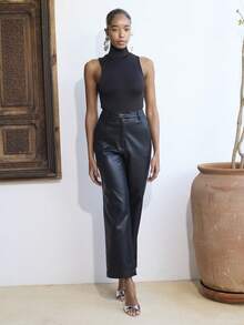 Dancing Leopard 黛娜黑色PU长裤，女士长裤，女士阔腿裤，女士夏季服装，女士职业装，女士休闲装，度假装，活动裤，女士办公室服装，女士度假装 - 黑色 - 查看 4