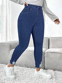 SHEIN ICON 大码做旧修身水洗牛仔裤 - 深色水洗藍 - 查看 4