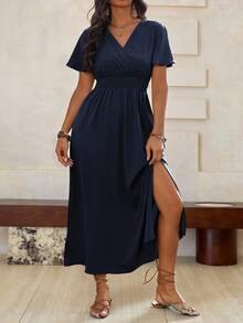 Roveilla Đầm Maxi Dài Màu Trơn Cỡ Lớn Cho Kỳ Nghỉ Hè Có Đường Xẻ Hai Bên Và Thắt Lưng Cho Nữ - Màu xanh hải quân - Xem 3