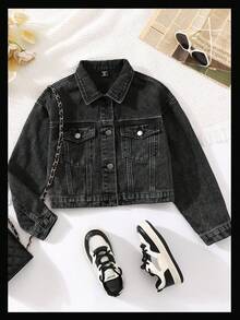 SHEIN 大码女童牛仔夹克和外套，休闲时尚复古个性化四季工作服牛仔长袖黑灰色印花夹克，休闲运动风格外套