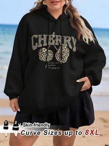 SHEIN CURVE+ 休闲简约豹纹和樱桃印花连帽宽松厚款女士运动衫，秋冬女装，冬季，CURVE PLUS - 黑色 - 查看 8