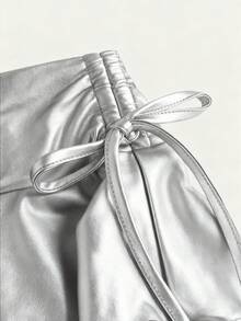 SHEIN MOD 女士休闲抽绳系带双层蛋糕裙，PU 材质，银色 - 銀色 - 查看 4