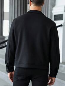 Manfinity CasualCool 休闲酷炫男士黑色拉链羊毛夹克 - 大码，适合万圣节、圣诞节、休闲街头穿搭和约会，是送给男友/丈夫的完美礼物，适合特殊场合。男士短款夹克，针织夹克，男士外套，长袖拉链衬衫 - 黑色 - 查看 2
