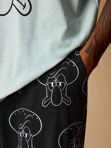 SpongeBob SquarePants | SHEIN Men Comfortable Cartoon Graphic Top & Pants Loungewear Set - Mint Blue - View 6