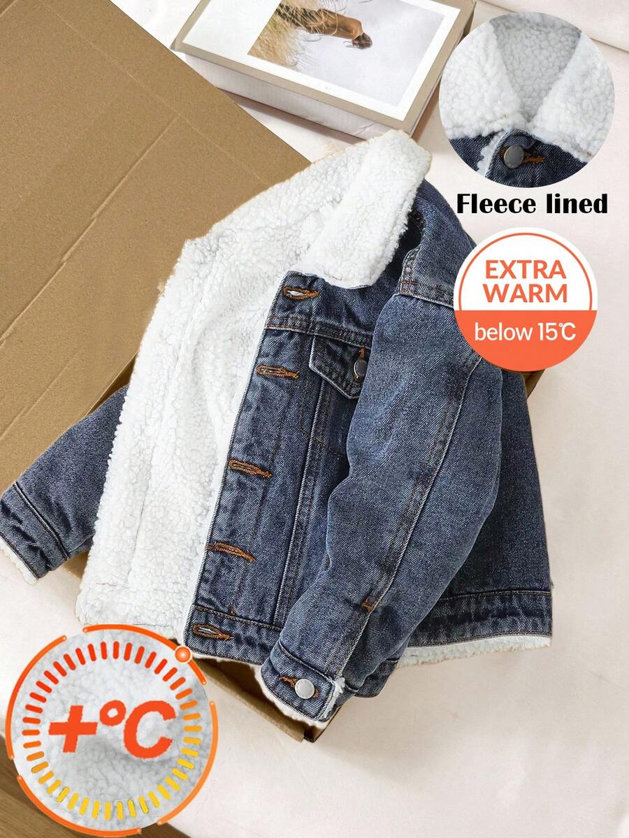 SHEIN Young Boy Casual Warm Thermal Lined Loose Fit Blue Denim Jacket Fall Winter, Fall/Winter Daily Wear, Streetwear, Halloween,Christmas,Boys New Year,Thanksgiving,Winter, Denim Jacket - Medium Wash - View 1