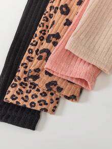 Sweetra 5pcs Young Girl Lovely Ribbed Cat Embroidery + Leopard Print Round Neck Long Sleeve T-Shirts - Multicolor - View 3