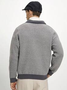 Manfinity CityGents 男士格子条纹长袖拉链 Polo 领休闲毛衣，秋冬 - 彩色 - 查看 3