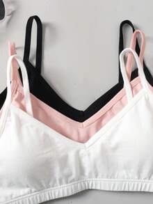 SHEIN 3pcs Tween Girls' Minimalist Comfortable Solid Color V-Neck Padded Camisole Bras Set