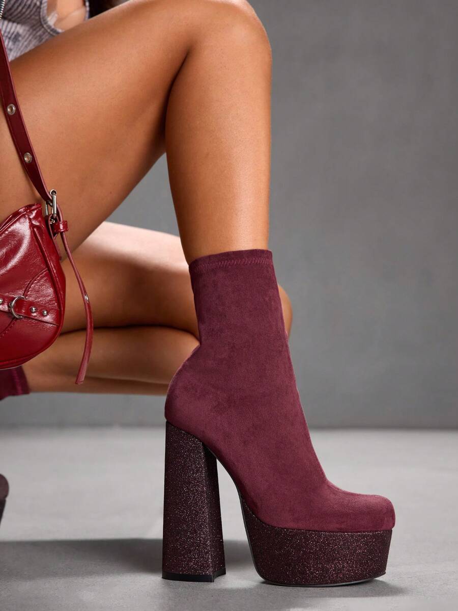 CUCCOO SZL 酒红色绒面革方头厚底粗跟弹力时尚正式派对性感侧拉链踝靴，女士圣诞节礼物 - 酒紅色 - 查看 1