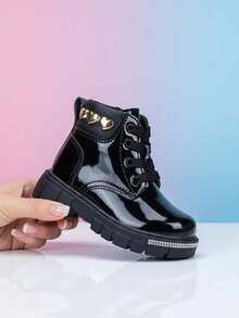 1 Par de Botas de Charol Negro, Zapatos de Moda con Cordones para Niñas, Botas Cómodas y con Suela Antideslizantes, Botas para Uso Diario. - Negro - Ver 3