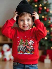 SHEIN Felpa natalizia da ragazzo alla moda, con grafica di Babbo Natale, renne e slogan, in atmosfera natalizia kawaii e carina, adatta per feste di Natale e uscite, morbida e confortevole - Rosso - Visualizzare 3