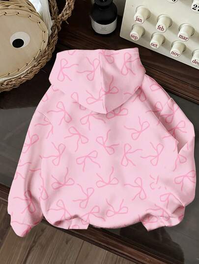 Sudadera holgada de cuello redondo de manga larga cómoda, estilo vintage dulce y lindo con estampado de lazos rosas, estilo ballet, crema y rosa, de vuelta al colegio, ropa Y2K, adecuada para otoño/invierno, para niña preadolescente