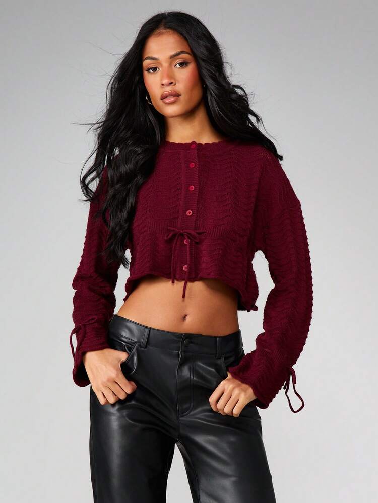 MISSGUIDED Chaqueta de punto de cable burdeos con botones delanteros y detalle de cordón, suéter de otoño e invierno para Navidad - Burdeos - Añade 5