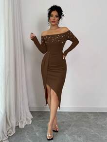Elenzga Women's Open Shoulder Long Sleeve Ruched High Slit Pearl Design Bodycon Dress For New Year Clothes - Brown - View 7