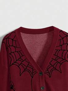 ROMWE Women's Gothic Spider Web Jacquard Knit Cardigan - Burgundy - View 3