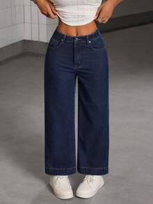 SHEIN PETITE Jeans rectos de tiro bajo lavados para mujer - Azul - Ver 4