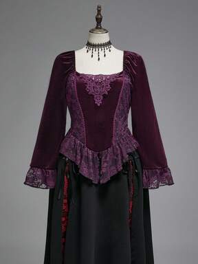 Hippie Plus Size Women Velvet & Contrast Lace V-Neck Flare Sleeve Blouse