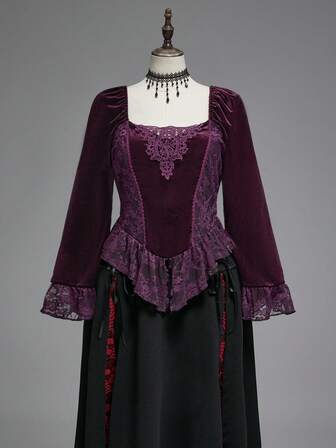 Hippie Plus Size Women Velvet & Contrast Lace V-Neck Flare Sleeve Blouse