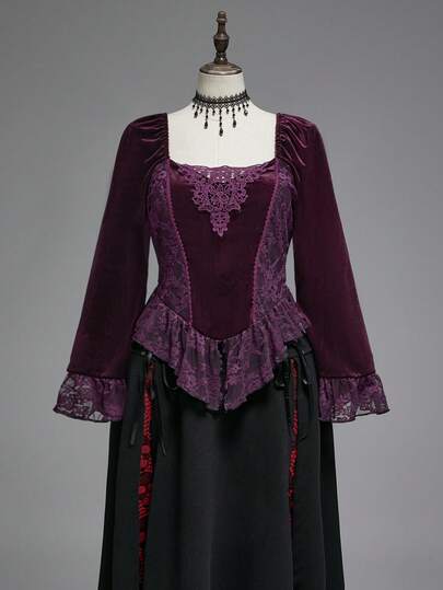 Hippie Plus Size Women Velvet & Contrast Lace V-Neck Flare Sleeve Blouse