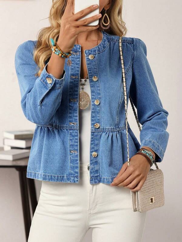 EMERY ROSE Women Front Button Long Sleeve Pleated Casual Denim Jacket, Minimalist Style