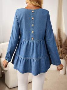 EMERY ROSE 女士休闲牛仔上衣，后背纽扣设计，圆领，长袖，荷叶边下摆 - 藍色 - 查看 5