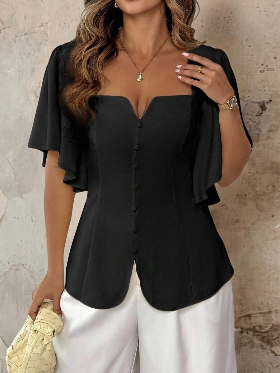 Roveilla Blouse élégante de style français pour femmes grandes tailles, de couleur crème jaune, avec col volant, taille cintrée, ourlet évasé, décoration de boutons, manches évasées. Convient pour la plage, le bureau, les festivals de musique, le thé de l'après-midi - Noir - Voir 1