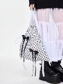 ROMWE Anime Y2K Cute & Sexy Bow Drawstring Backpack, Minimalist Silver Tech-Inspired Cinch Pouch, Waterproof Lightweight Large Capacity Foldable Storage Bag, Gym Bag, Suitable For Casual, Travel, Commute And Daily Use - 白黑色 - 查看 5