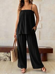 Roveilla 加大码女式亚麻竹法式休闲连体裤，宽松度假沙滩连体裤，配腰带，适合春夏季 - 黑色 - 查看 1