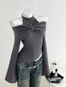 Elamini 1pc Women's Charcoal Gray Personalized Delicate Halter Tie Bow Design Cold-Shoulder Asymmetric Hem Elastic Knit Casual Sweater, Autumn/Winter