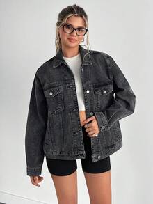 EURMUSE Áo khoác denim vai trễ màu xám giản dị - Xám - Xem 4