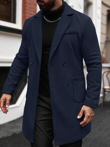 Manfinity Homme Men's Solid Color Pocket & Button Front Long Sleeve Overcoat, Autumn Fall Men Long Overcoat Navy Blue Men Overcoats Fall Winter For Men - Navy Blue - View 5