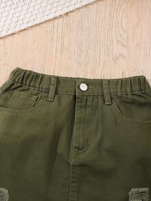 SHEIN Tween Girl Y2K Cute Pink Casual Distressed Cropped Jacket & Drawstring Waist Denim Mini Skirt 2-Piece Set Children Two Piece Jacket With Skirt 2 Piece Skirt Set For Girl Girls Jacket Skirt Set Green Kids Two Pieces Jacket With Skirt - Army Green - View 6