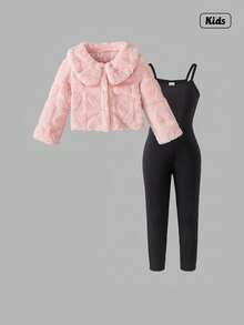 Sweetra 年轻女孩 2 件套可爱休闲连体衣搭配粉色衬衫上衣和蓬松保暖开衫，适合秋冬季 - 粉色 - 查看 1