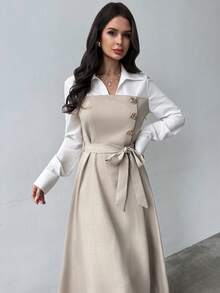 Firerie Women's Casual Elegant Metallic Embellished Tie-Waist Linen Dress / Business Women's Wear / Teacher's Attire / Office Commuting / Suitable For Women / Autumn/Winter Women's Wear / Back To School Season / Retro Women's Wear / Business Casual Women's Wear / Old Money Style Dress - Multicolor - View 1