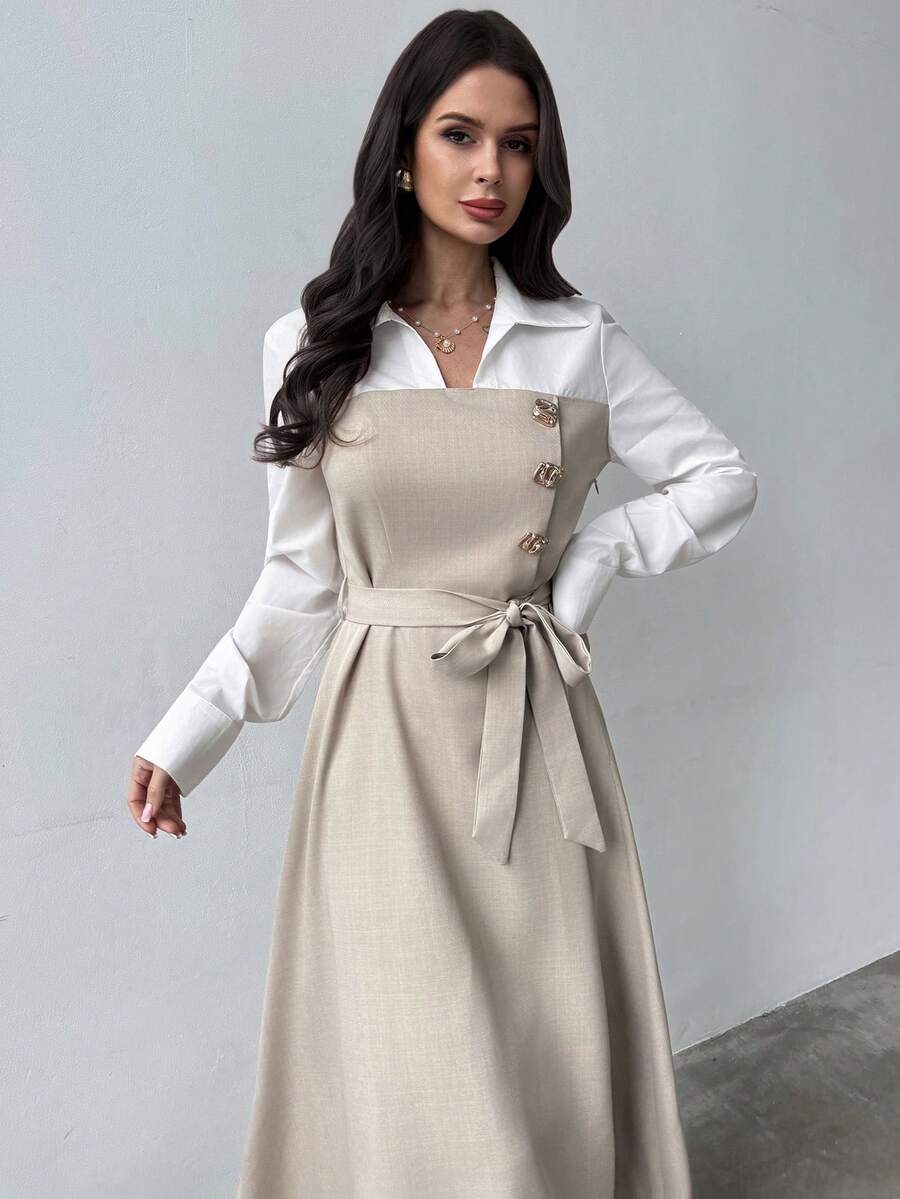 Firerie Women's Casual Elegant Metallic Embellished Tie-Waist Linen Dress / Business Women's Wear / Teacher's Attire / Office Commuting / Suitable For Women / Autumn/Winter Women's Wear / Back To School Season / Retro Women's Wear / Business Casual Women's Wear / Old Money Style Dress - Multicolor - View 1